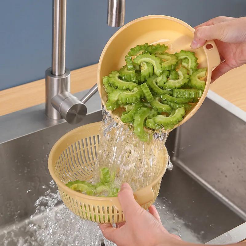 1 stk Avtakbar Dobbeltlags Plast Matsil Hul Frukt Grønnsak Vask Dørslag Kjøkken Rengjøring Vaskekurv Sil