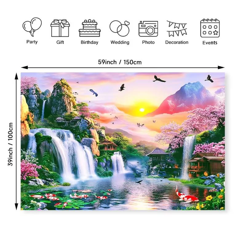 2D Sunrise Mountain Waterfall Backdrop, Japanese Garden Koi Fish Party & Studio Background