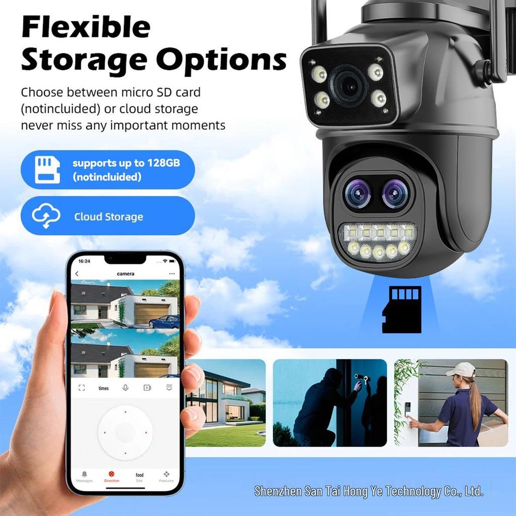 15MP HD Triple-Lens Outdoor PTZ Camera with Waterproof Build, WiFi, Full-Color Night Vision, 10x Zoom, and Two-Way Audio.