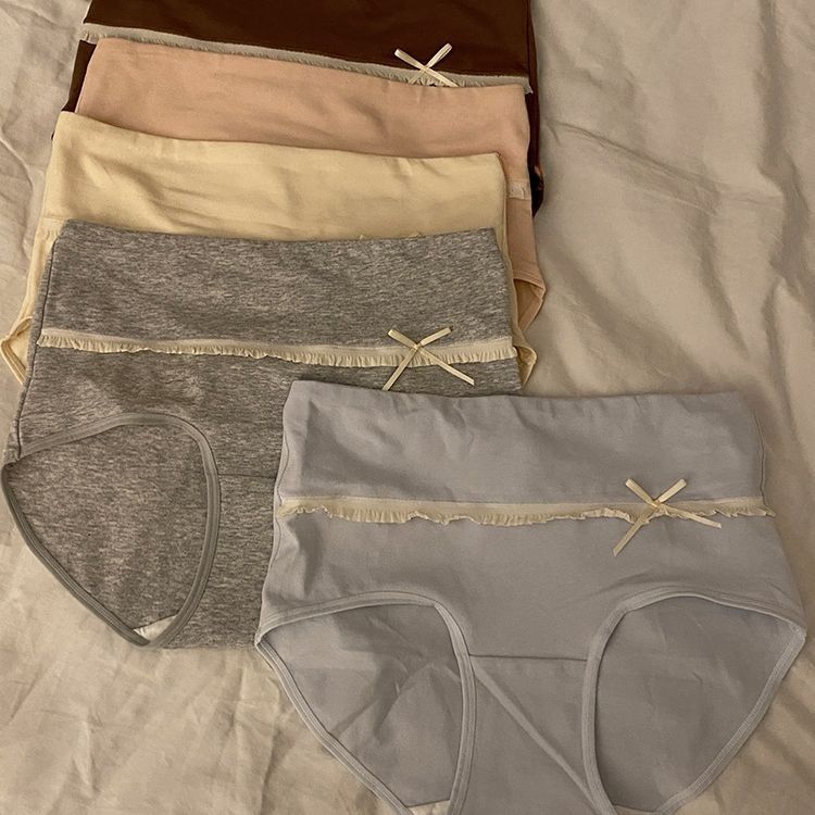 5PCS Extended Crotch Cute Sweet Cream Underwear for Women Mid High Waist Bow Triangle Pants