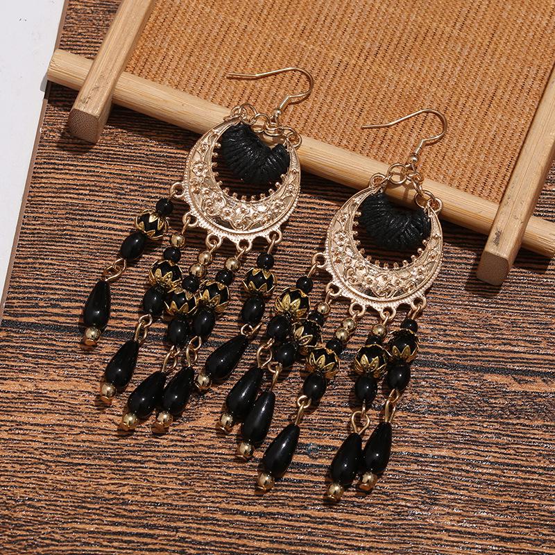 Bohemian Crescent Moon Miyuki Seed Bead Tassel Earrings - Long Ethnic Style Ear Hooks