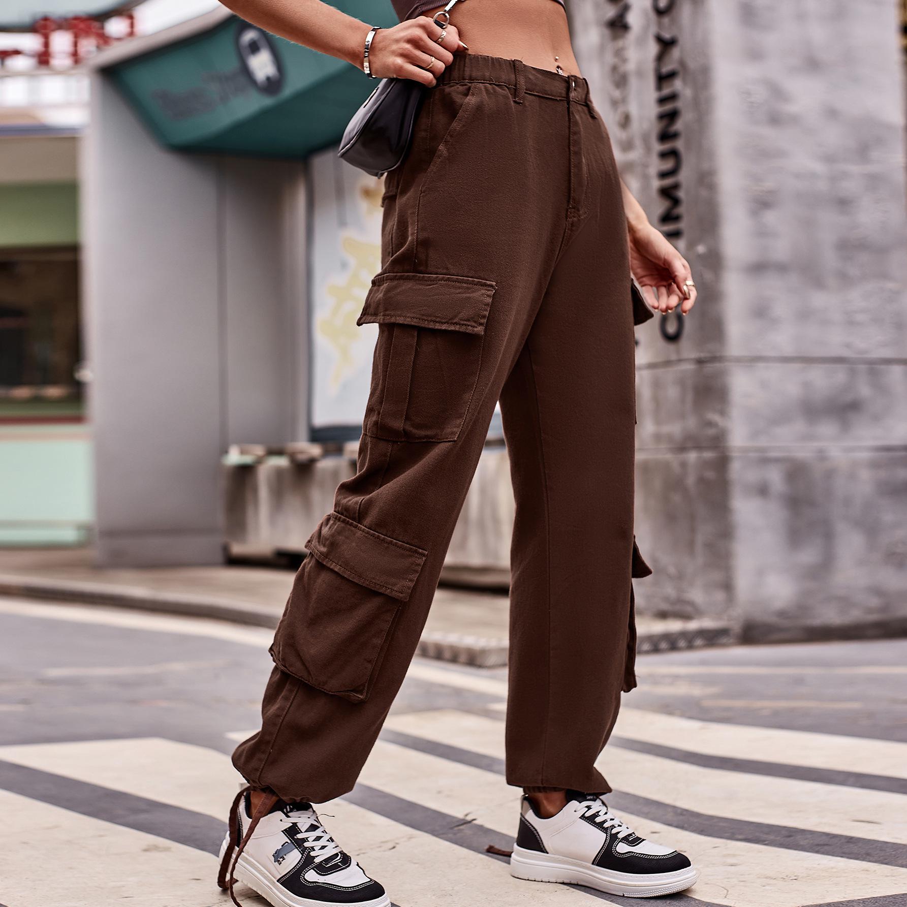 

2023 Loose Drawstring Denim Work Pants for Women - Casual European & American Style X-Large кавовий
