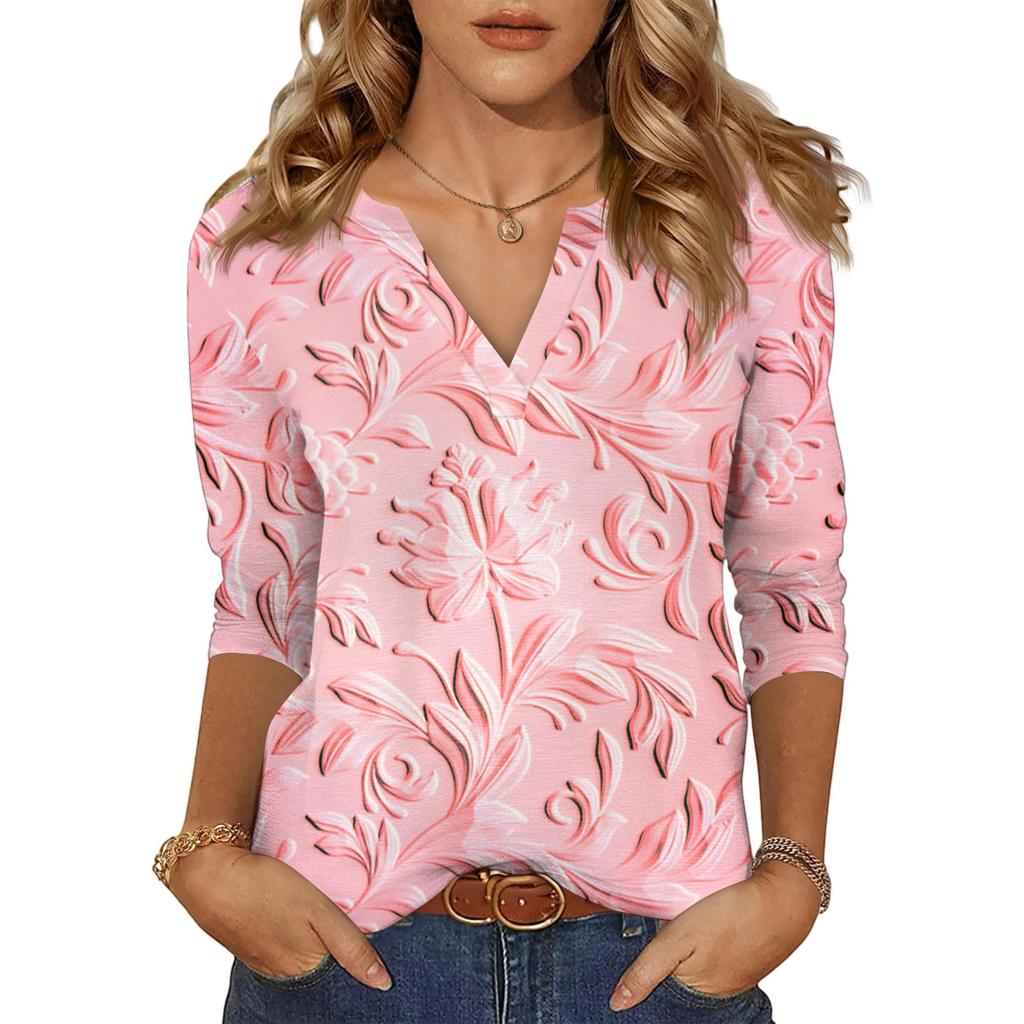 Women's Casual Fashion Sexy Comfortable V-Neck Floral Seven Sleeve Top