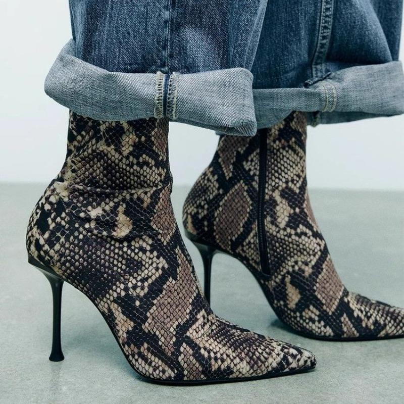 Fashion Pointed Toe Sexy High Heels Women's New Stiletto Plaid Snake Side Zipper Anti-Slip Wear-Resistant High Heel Boots