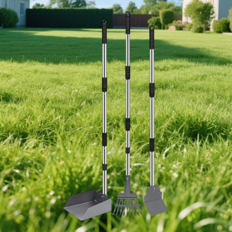 Metal Pet Waste Scooper With Adjustable Handle For Dogs Stainless Steel And Aluminum Poop Shovel Tray Rake Combo Set