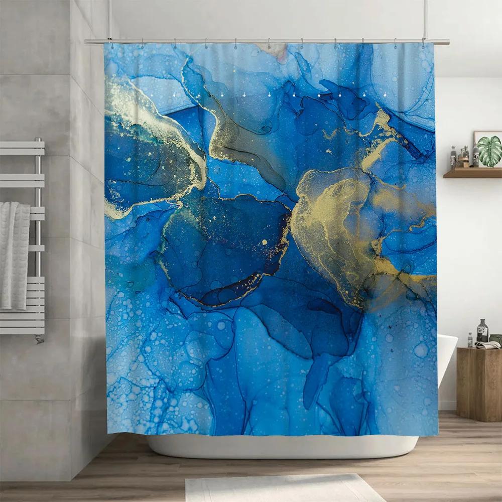 Luxury Marble Blue Gold Shower Curtain Waterproof Bathroom Decor Customizable Size Available