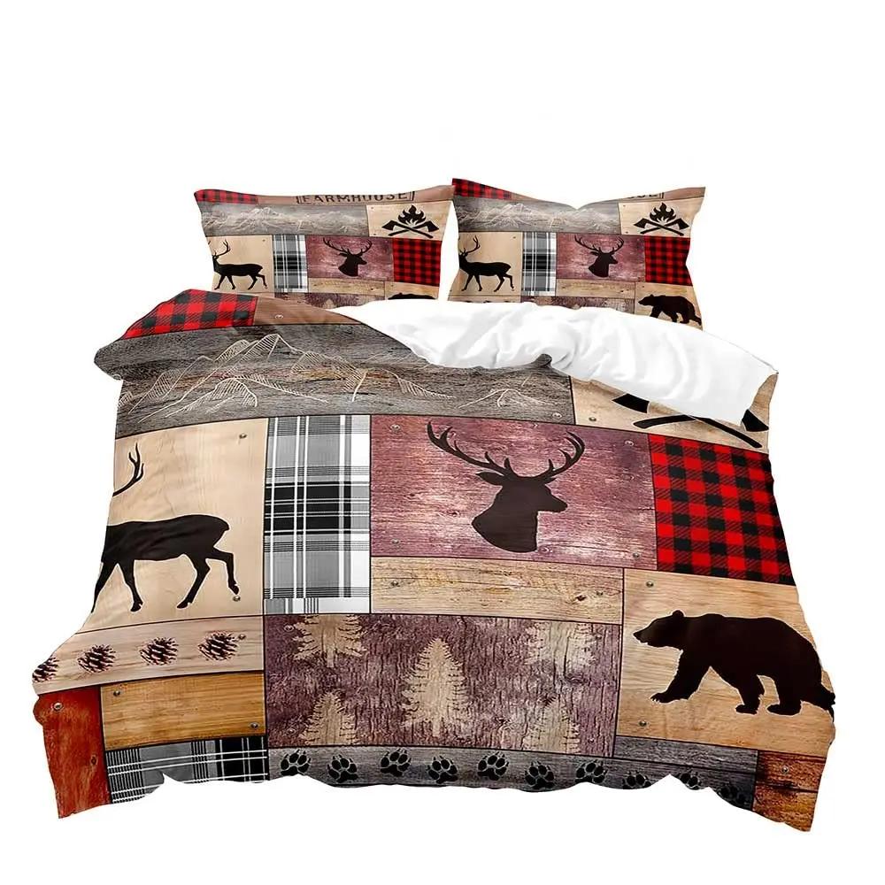 Farmhouse Duvet Cover SetBlack Bear Deer Elk Moose Forest Animal Wildlife Lodge Rustic Bedding Set KingSage Green Brown Plaid
