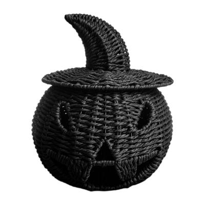 Woven Faux Rattan Pumpkin Decors Black Seasonal Accent, Candle Holder Lantern for Tabletop Centerpieces, Shelf Styling and Halloween Entry Displays