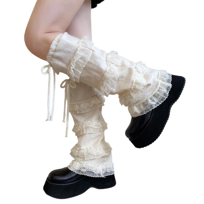Elegant Ribbon Lace Leg Warmers Breathable Fabric Soft Yarn Stretchy Boot Cover For Homewear And Outfits