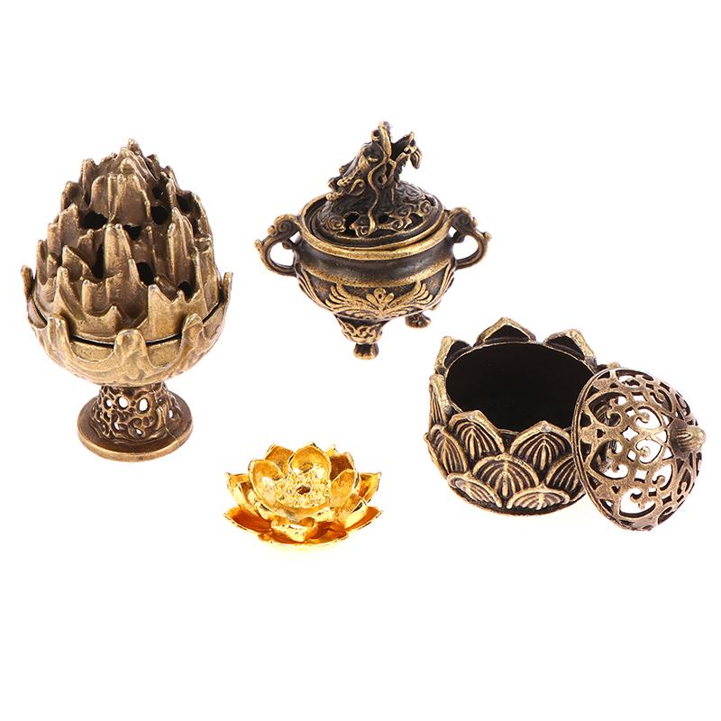 1Pc Retro Alloy Small Lotus Mountain Hollow Out Incense Stick Burner Incense Holder With Cover Home Decoration Crafts