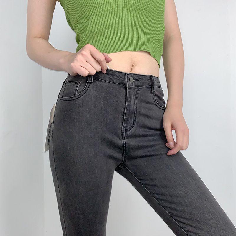 

Fashion over Stretch Retro High Waist Slim Looking Peach Hip Denim Skinny Sheath Tappered Pencil Fleece-lined Pants Women Retro gray cropped pants 26