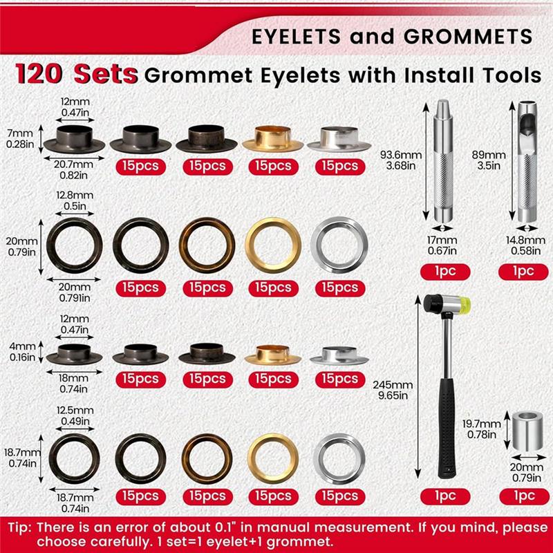 A84E-120 Sets 1/2 Inch Grommet Tool Kit 2 Heights Of Grommet Kit, Eyelets And Grommets With 4 Install Tools For Leather,DIY