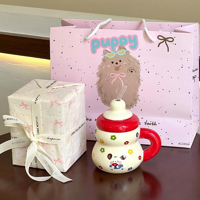 Creative straw cup cute couple ceramic mug birthday gift girl gift box