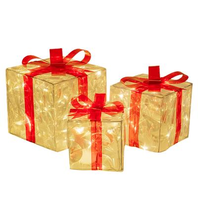 Set of 3 Christmas Lighted Gift Boxes Decorations Transparent Lighted Boxes with Red Bows Christmas