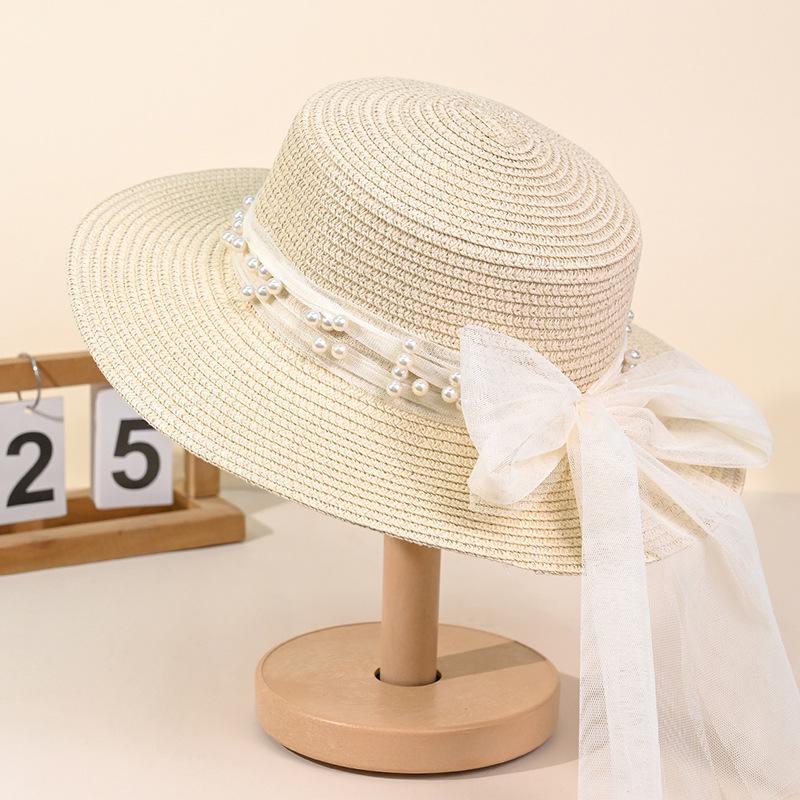 Pears Beads Lace Bowknot Straw Sun Hats Womens Elegant Wide Brim Sun Protection Caps Outdoor Holiday Bucket Hats Beach Caps