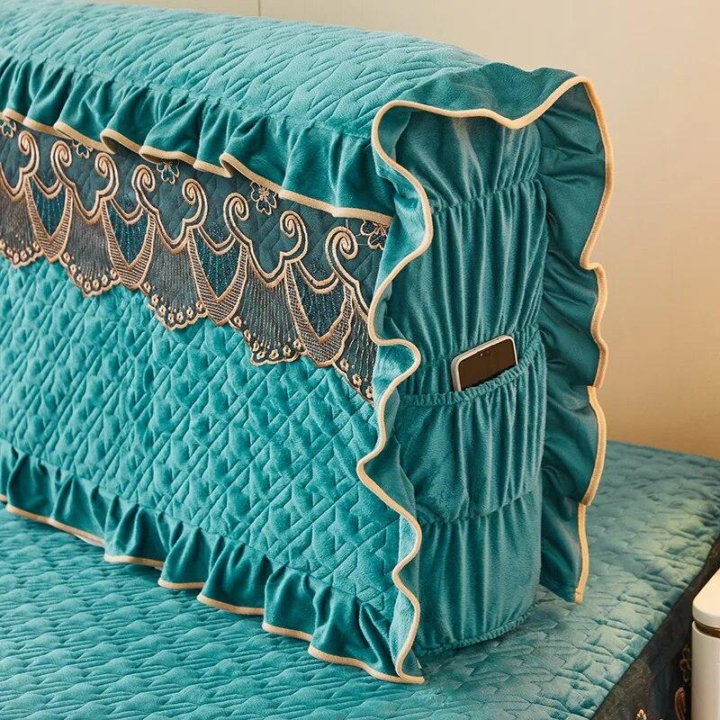 Luxury Fine Flannel Quilted Bed Head Cover Lace Edge Short Plush All-inclusive Headboard Cover Elegant Protective Cover
