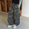 Girls' Wide-Leg Fleece Camo Cargo Pants - Retro American Style for Autumn/Winter 2025