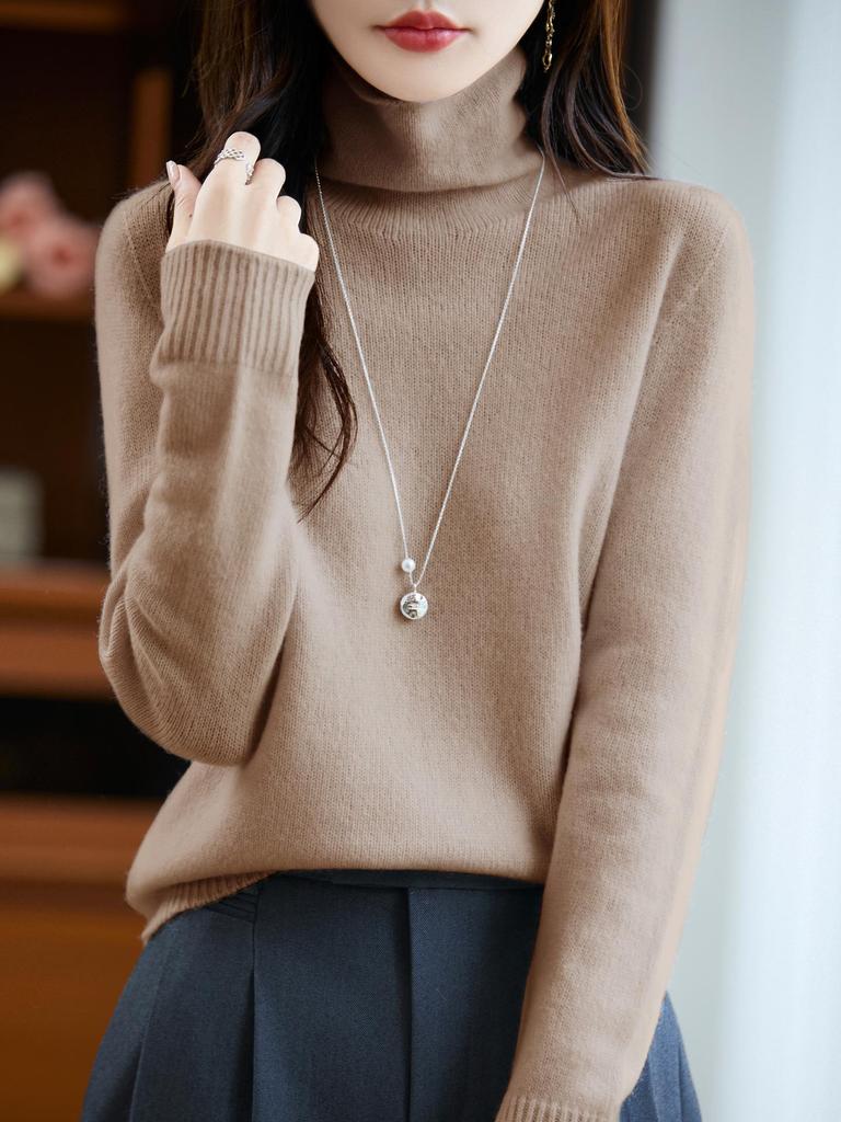 Women's Autumn/Winter Seamless 100% Pure Wool Stacked Collar Sweater - Skeletal Lazy Style Base Layer