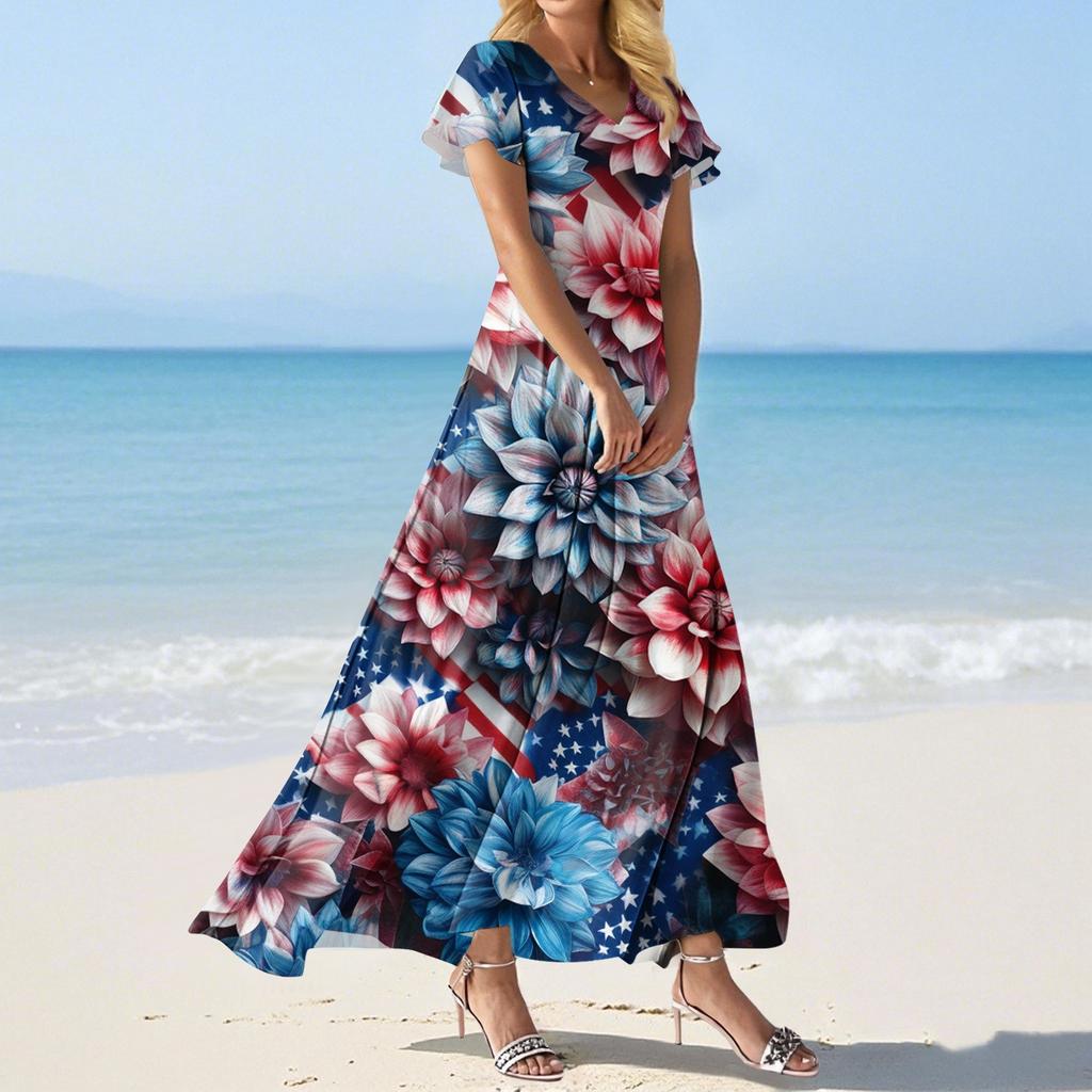 FashWomen's Loose Casual V-Neck Short Sleeved High Waisted Print Dress