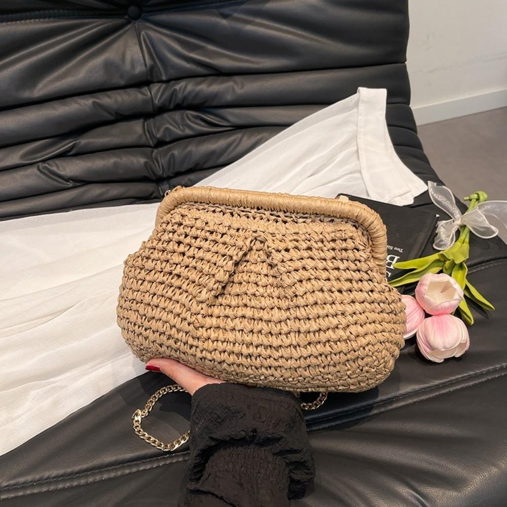 New Large Capacity Straw Woven Bag Solid Color Straw Weaving Straw Crossbody Handbag with Chain Strap Shoulder Bag Beach