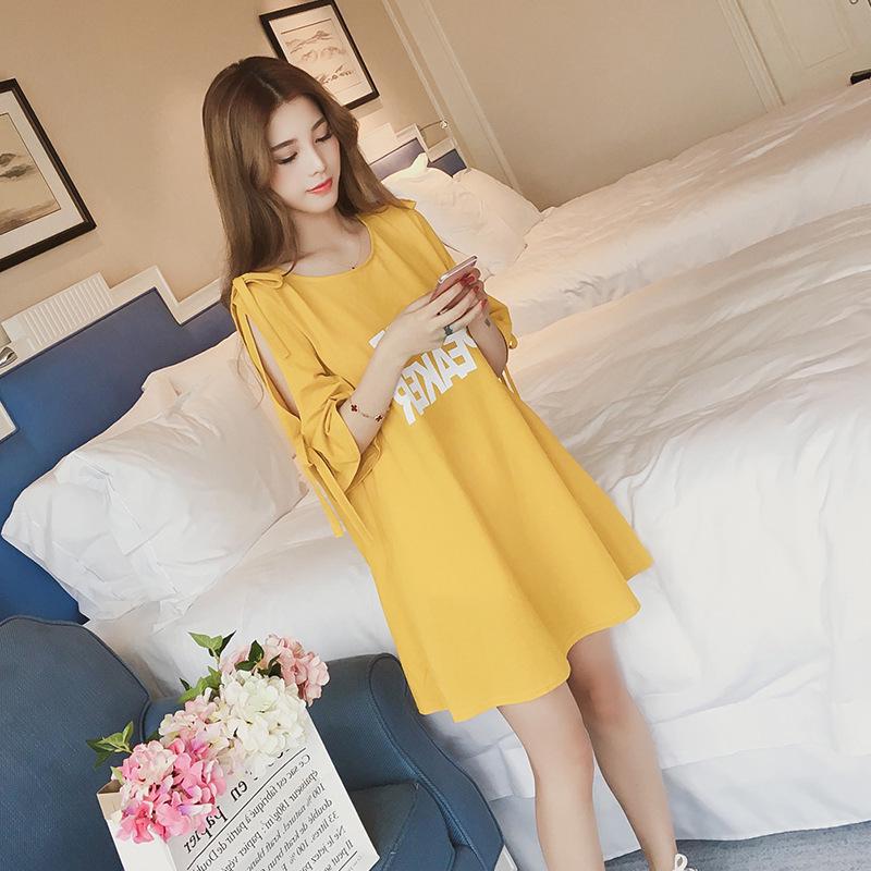 Summer Korean version bow letter printing five-quarter sleeve T-shirt women's top women's clothing medium and long shoulder-spilling T-shirt skirt