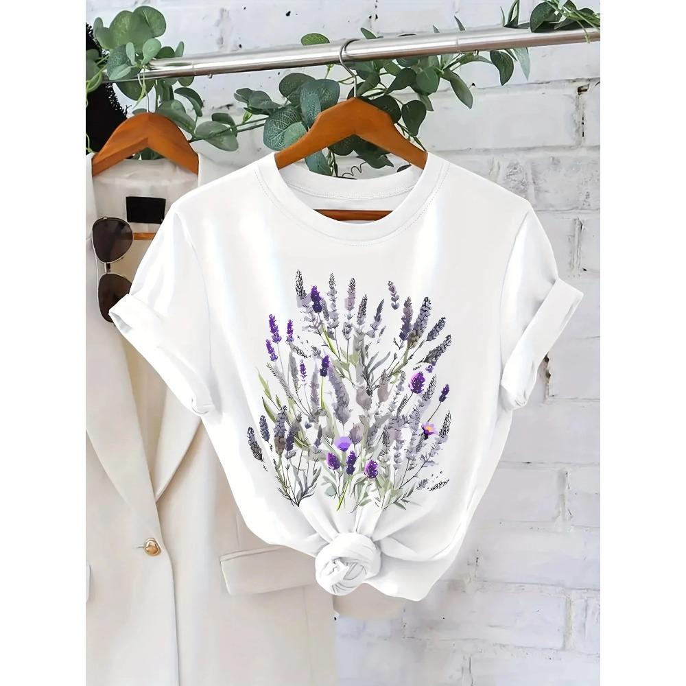 

Женская лавандовая футболка с цветочным принтом, с коротким рукавом, с круглым вырезом, повседневный топ для лета и весны, женская одежда 5XL