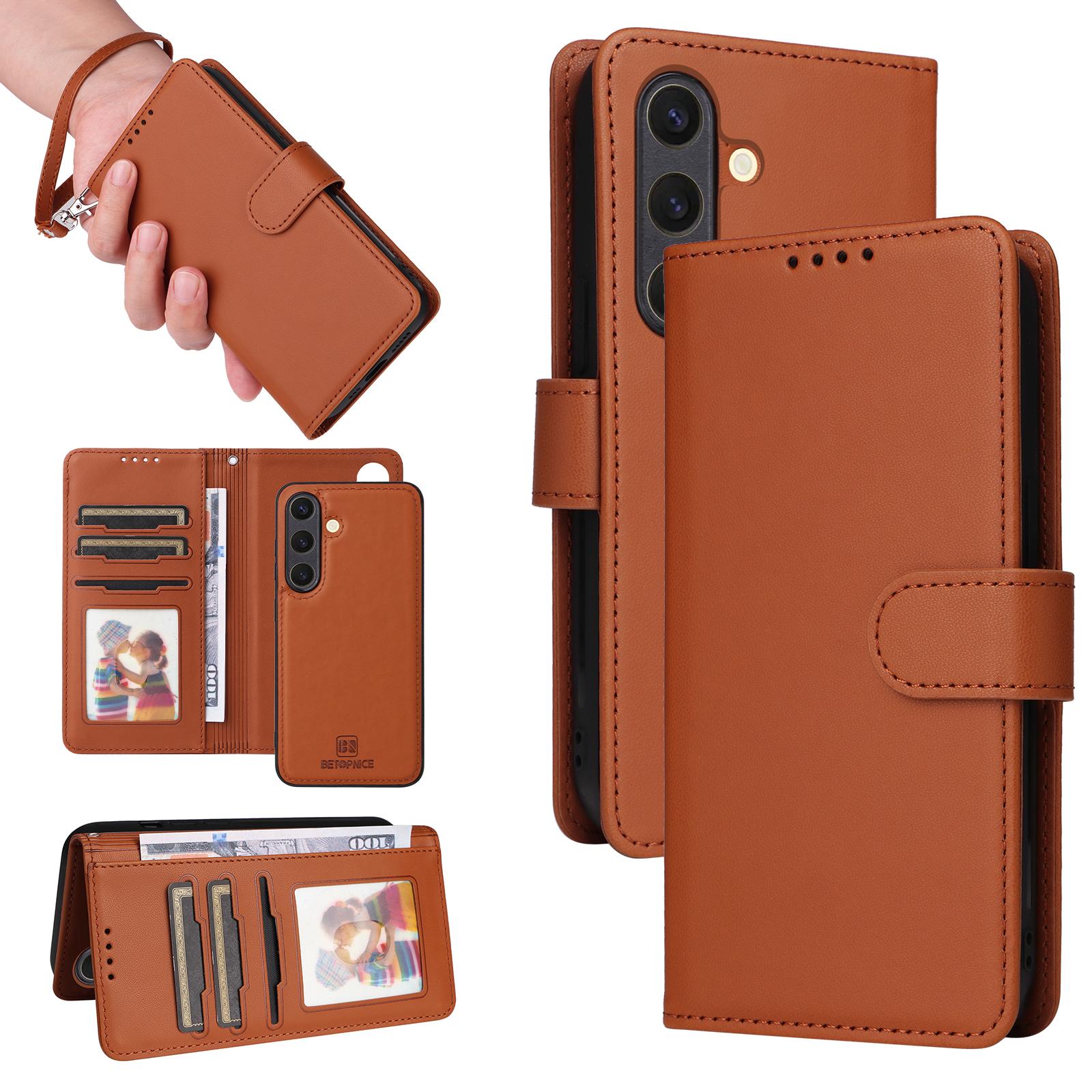 

For Samsung Galaxy S25 Magnetic Case BETOPNICE Detachable PU Leather Phone Cover with Strap Brown