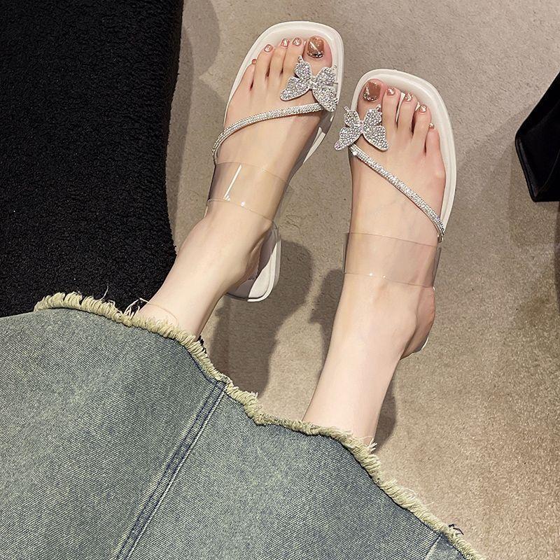 Rhinestone bow serpentine winding sandals low heel summer new one-word belt fairy wind flat Roman crystal shoes