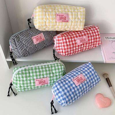 1pcs Quilted Heart Grid Pencil Pouch Korean Style Student Stationery Bag Portable Holder Storage Pouch Girls Bowknot Plaid