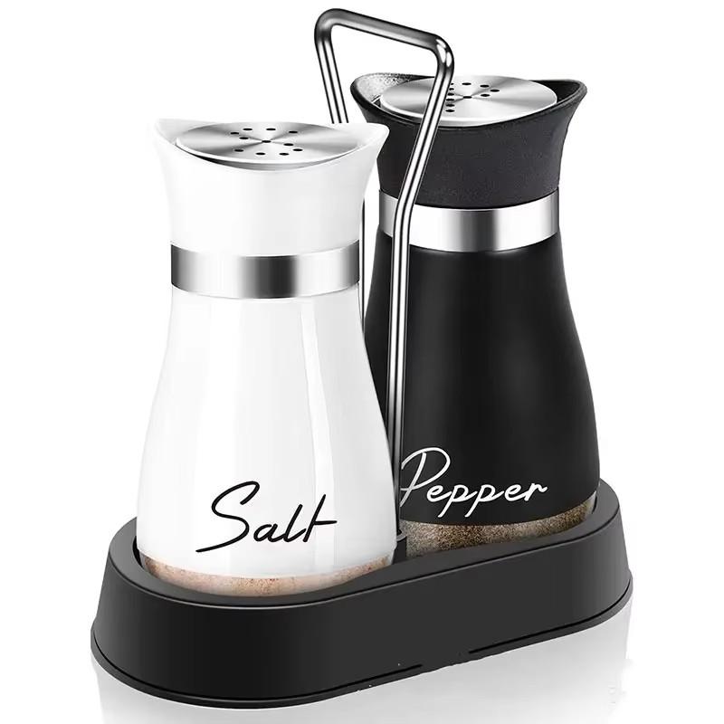 

2pcs Set Kitchen Glass Spice Bottle Adjustable Refillable Salt and Pepper Shakers with Shelf Spice Dispenser With Pour Holes