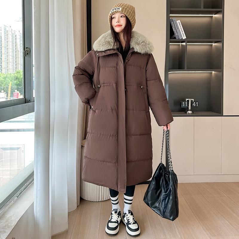Women's Hooded Puffer Coat Faux Fur Collar Drawstring Waist Long Sleeve Thickened Winter Cotton Coat