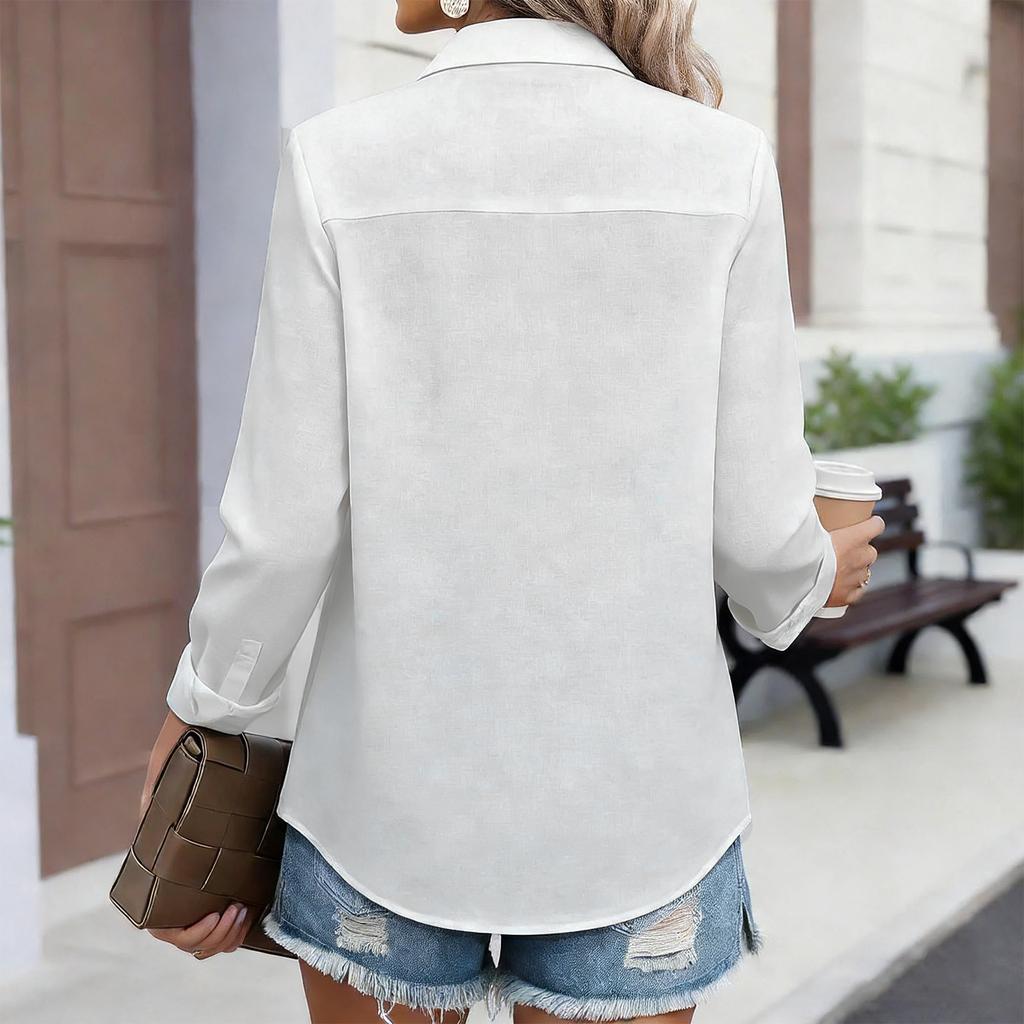 Camisa casual de manga larga para mujer con bolsillos