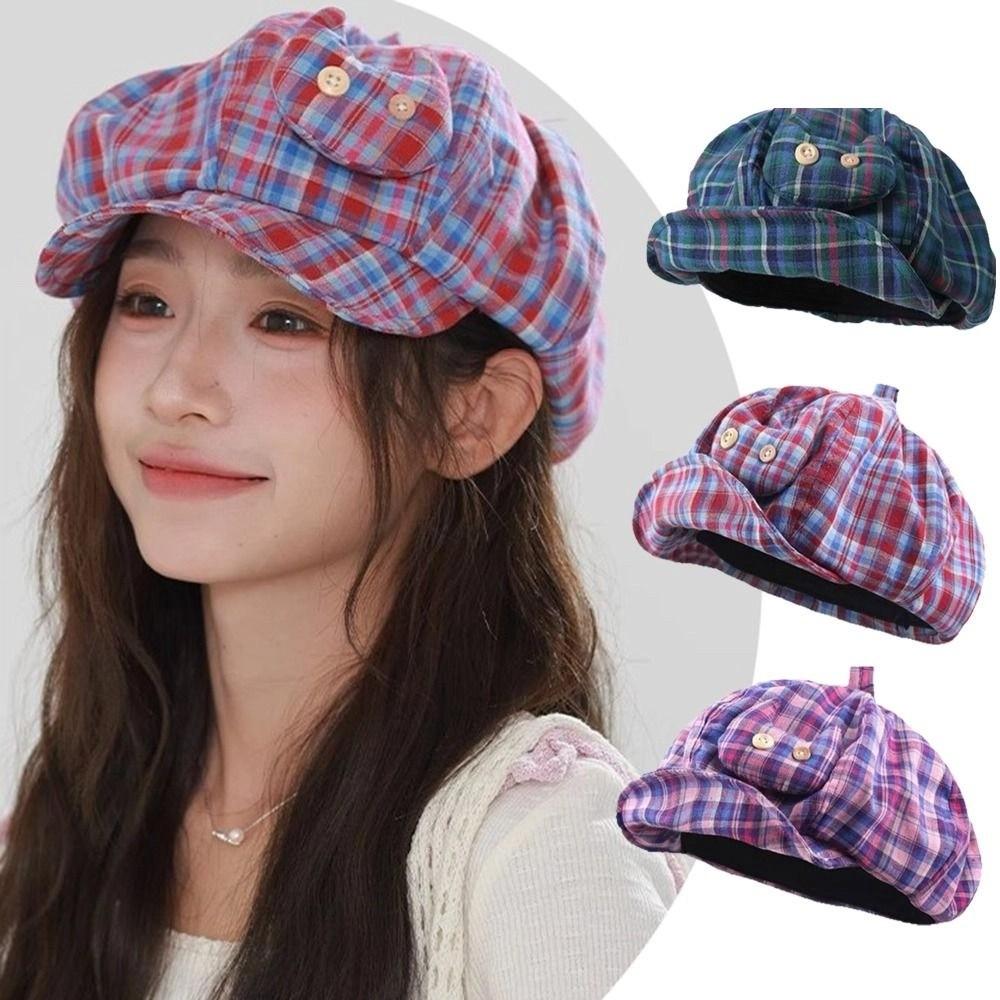 Sun Protection Plaid Cloud Berets Korean Style Octagonal Caps Japanese Button Hat  Spring Summer