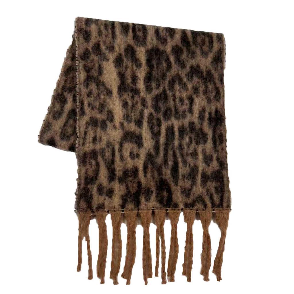 Leopard Print Thickened Cashmere Imitation Scarf with Tassels - Women's Autumn/Winter Versatile Warm Shawl