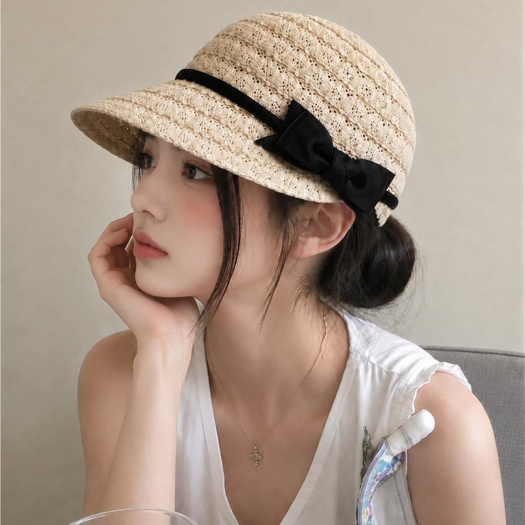 French Small Fragrance Style Bow Woven Knight Hat Women'S Spring And Summer Fashionable Temperament Sunshade Face Small Equestrian Hat