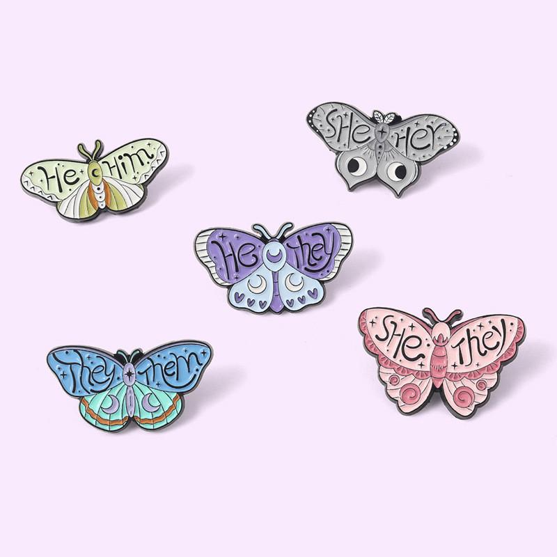 Unique Colorful Butterfly Shape Metal Badge Brooch Gender Pronoun Pin For Accessories