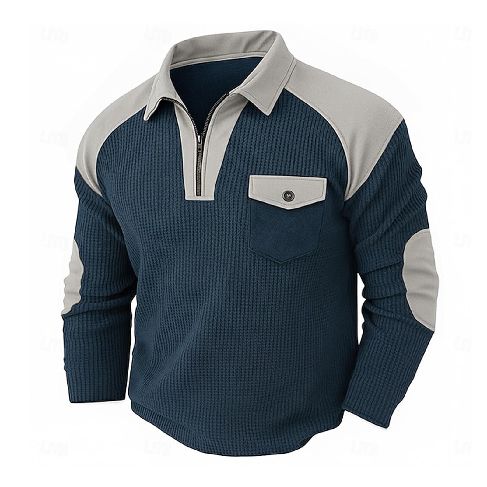 Men s Tee Shirt Long Sleeve Lapel  Zip Fall Winter Fall Solid Color Fashion Basic Casual Pockets Patchwork Street Casual Tops S