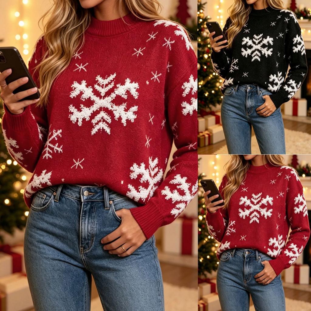 Women's Christmas Pullover Sweater Long Sleeve Neck Holiday Top