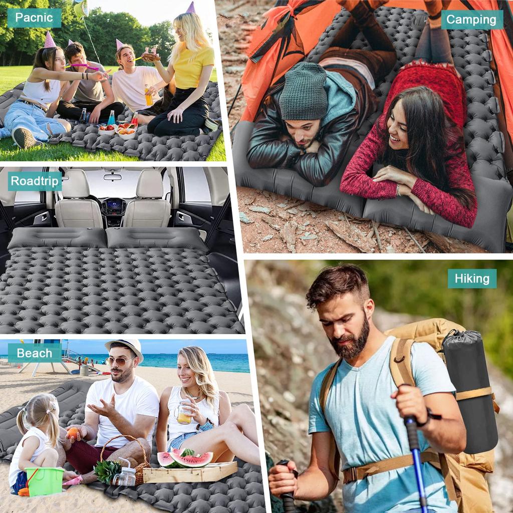 Double Sleeping Pad for 2 Person, Thick Inflatable Camping Mat with Built-in Foot Pump & Pillow, Compact Air Mattress for Hiking, Backpacking, Tent
