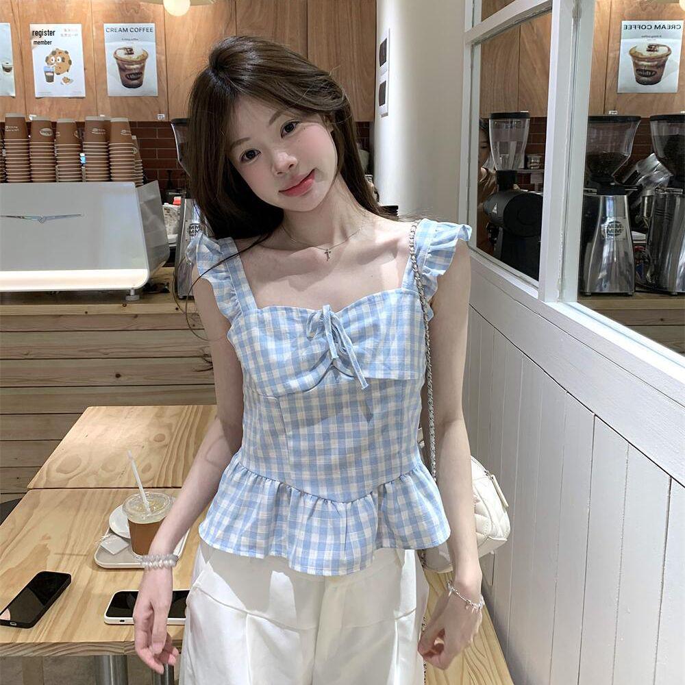 French Blue Plaid Square Neck Flutter Sleeve Ruffle Camisole - Beautiful Summer Top XL (recommended 58-63 kg)