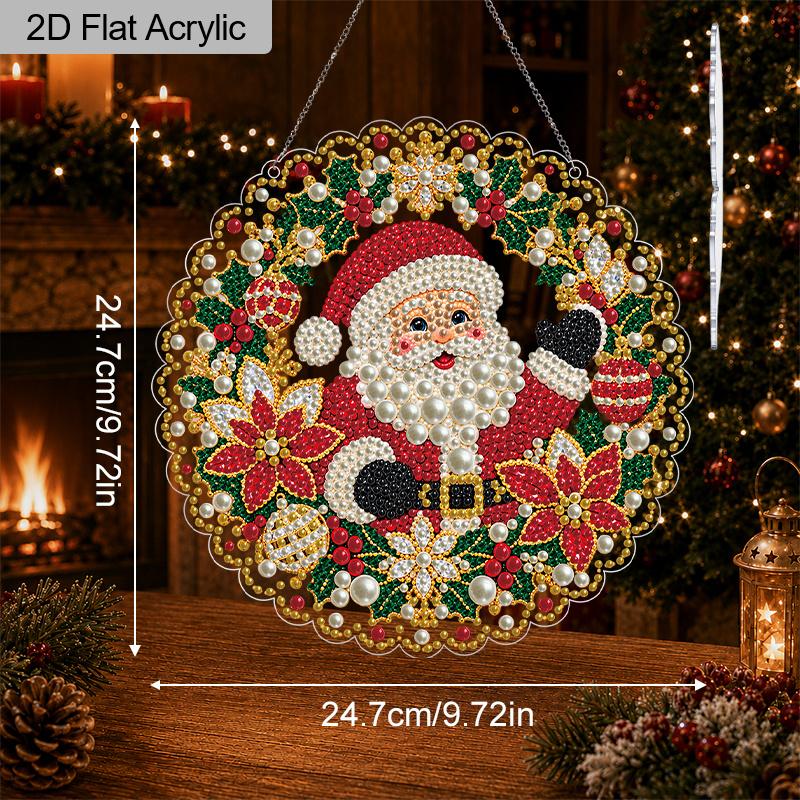Christmas Acrylic Santa Wreath Pearl Painting Suncatcher,9.72/7.76In,DIY Ornament,Xmas Window Tree Wall Decor & Craft Gift