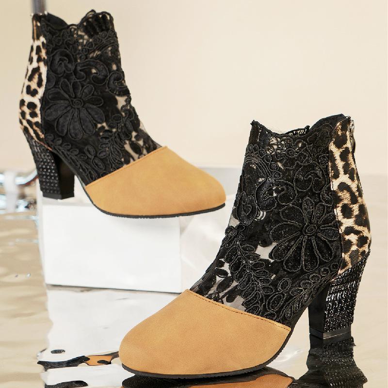 Lace mesh high heel cool boots large size European and American round head thick heel Roman sandals
