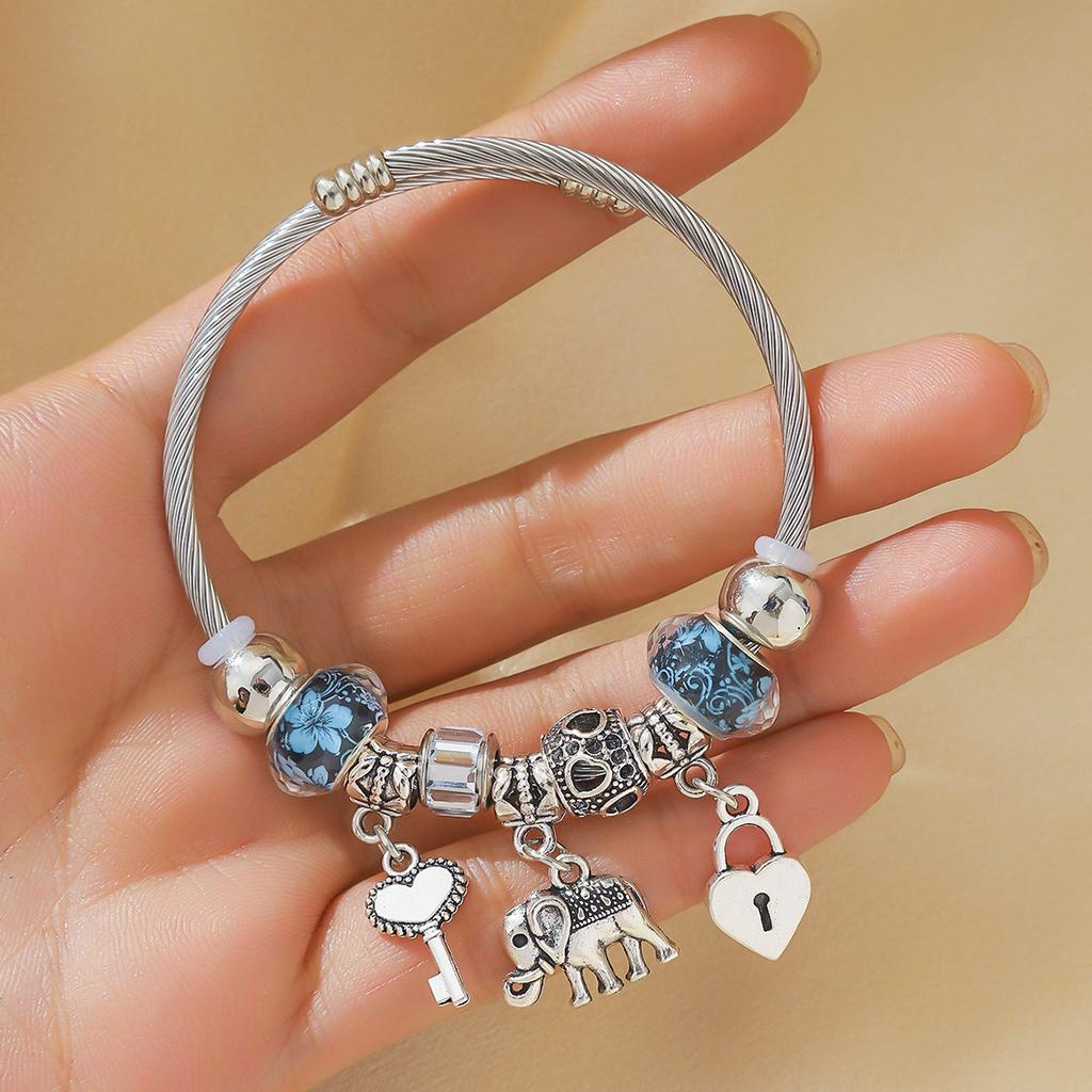 1PC Women's Fashion Pan Family Multi Element Beaded Elephant Key Bracelet Date Travel Banquet Party Holiday Dressing Gift