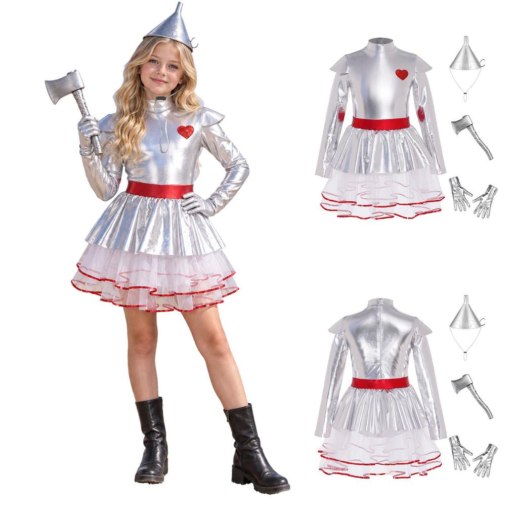 Kids Girls Halloween Tin Costume Mock Neck Long Sleeve Back Invisible Zipper Metallic Tulle Tutu Dress with Hat Axe Gloves for Role Play Theme Party