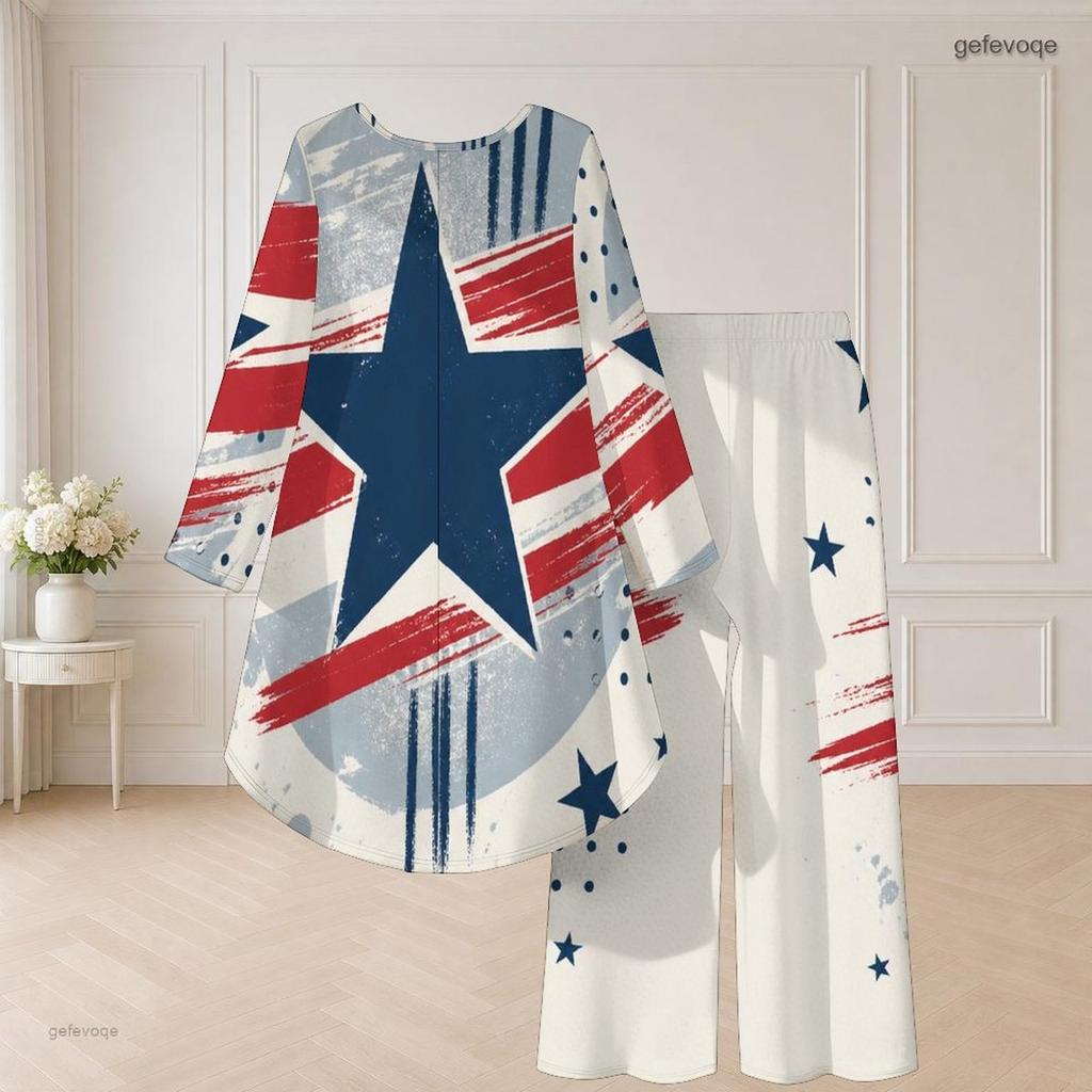 Women Plus Size Red Blue White Star Printed Round Neck Long Sleeve High Low Top Wide Leg Pants Two Piece Set