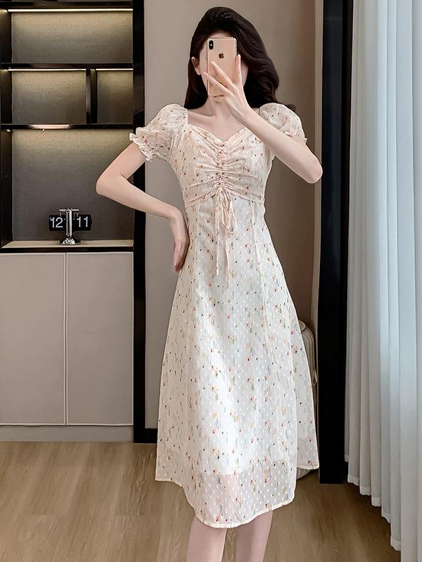 French Sweet Floral Chiffon Square Neck Dress for Women