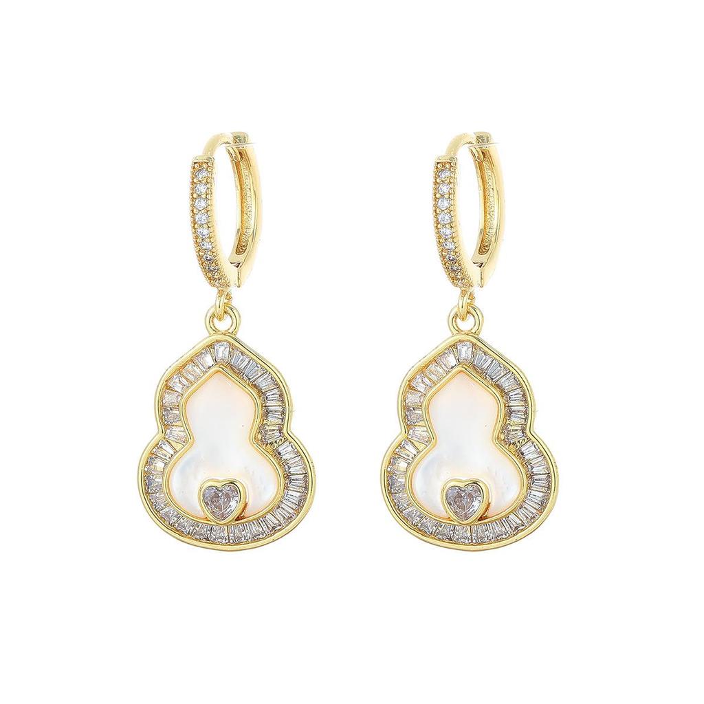 Fashionable Gourd-Shaped Gold-Plated Earrings for Women: New Chinese Style Micro-Paved Fu Lu Ear Climbers with a High-End Feel.