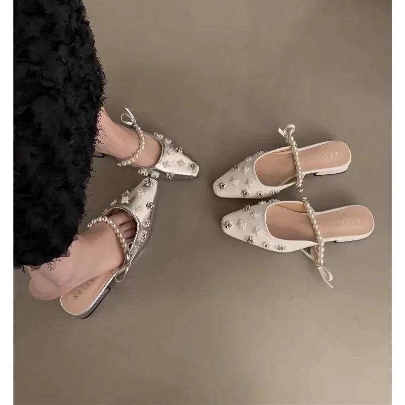 Fashion 2024 New Summer Women Sandals Natural Leather Shoes  Flock+sheepskin Pearl Chain Bow Back Loop Pointed Toe Women Shoes
