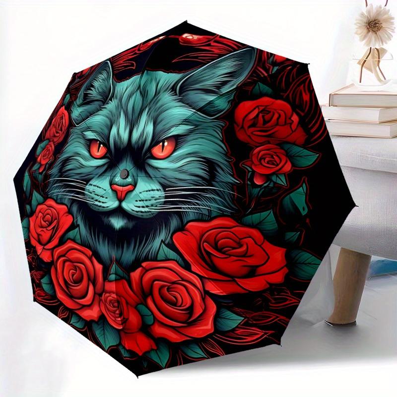 1pc Cat Roses Design Automatic Open/close Folding Umbrella, Compact Portable Travel Umbrella, Perfect Birthday/Christmas, Cute Umbrella, Dur