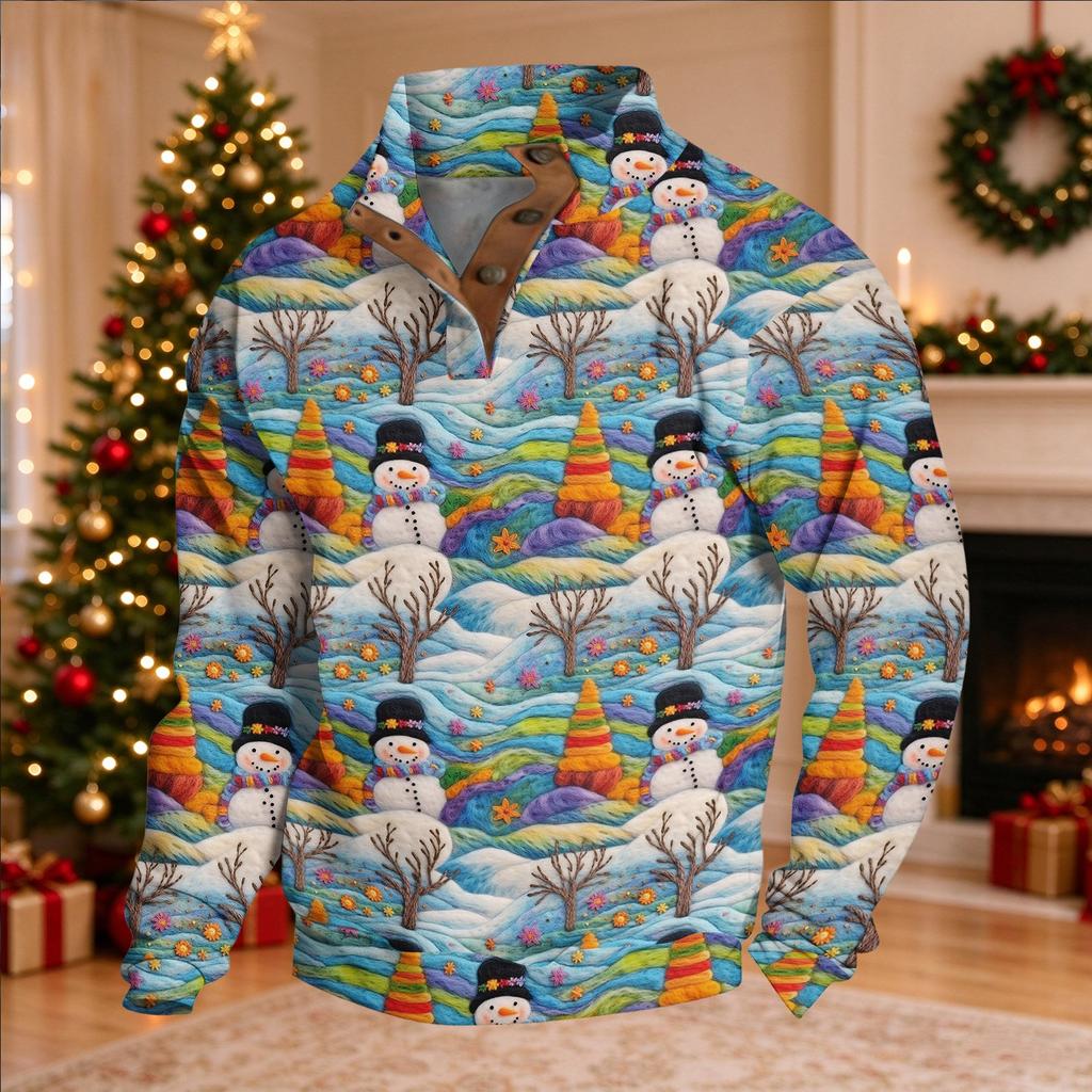 Herren Weihnachts-Print Langarm Knopfleiste Sweatshirt Top für Feiertagsparty und Freizeitkleidung
